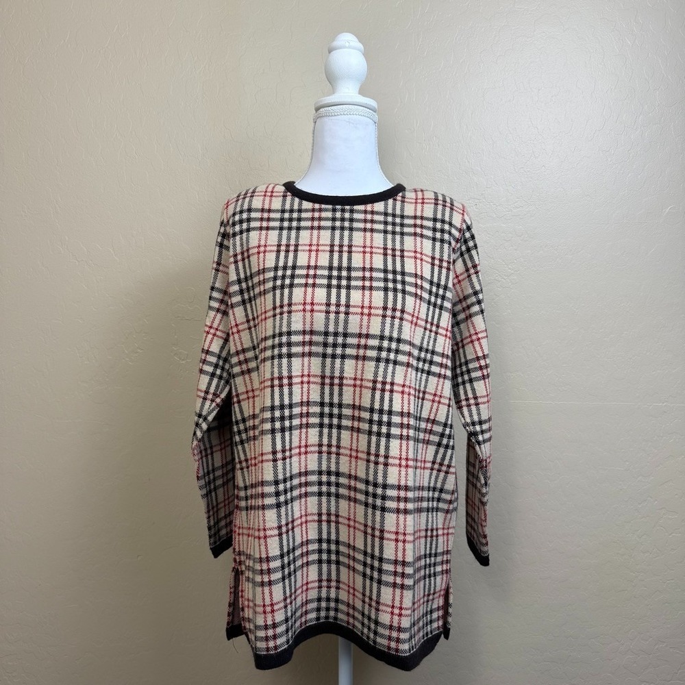 Vintage Karen Lessly Plaid Sweater Womens M Cream Black Red Tunic Made USA 90s